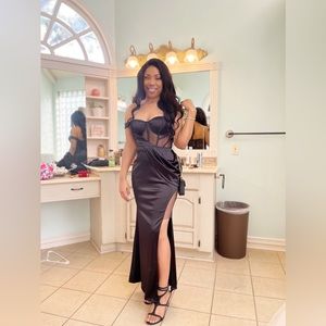 Black One-Shoulder Satin Corset Dress with high split/slit